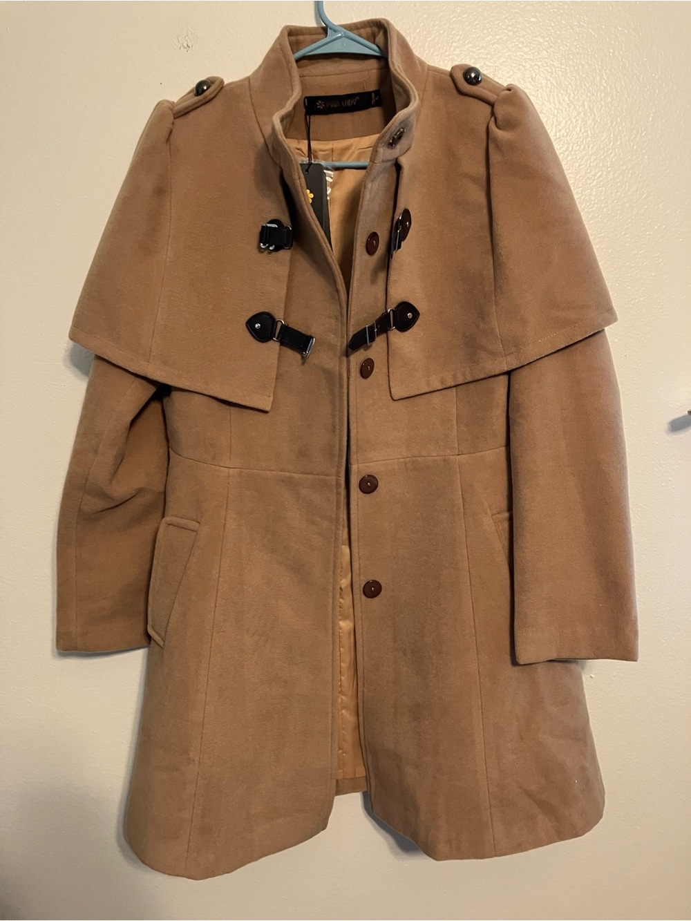 DISCONTINUED- Pink Lady Women's Camel Cape-Shoulder Toggle Trench Coat
